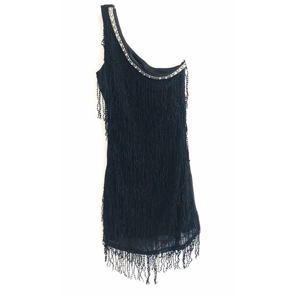ArkCo | Anthropologie One Shoulder Dress Womens Size M Black Fringe Gatsby Mini - Picture 2 of 11